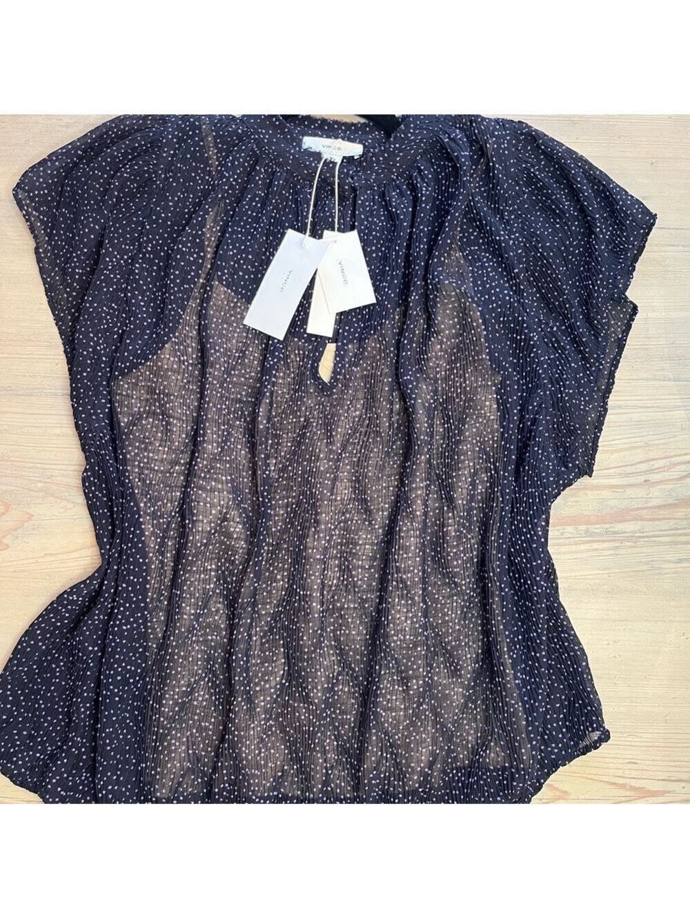 VINCE Starry Dot Semi Sheer Short Sleeve Blouse Blue Womens Size Small - Picture 4 of 10